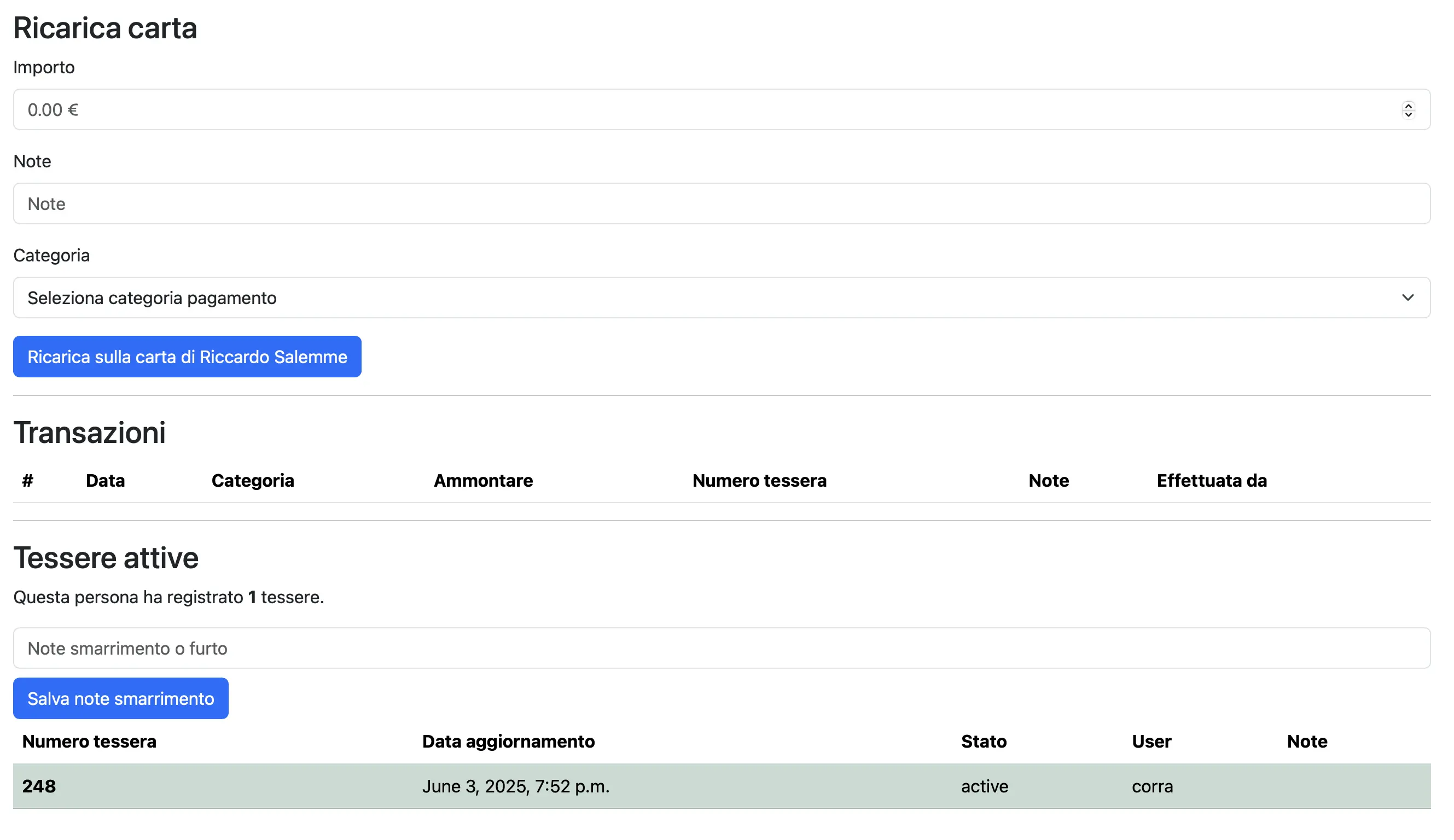 Ricarica carta e storico transazioni