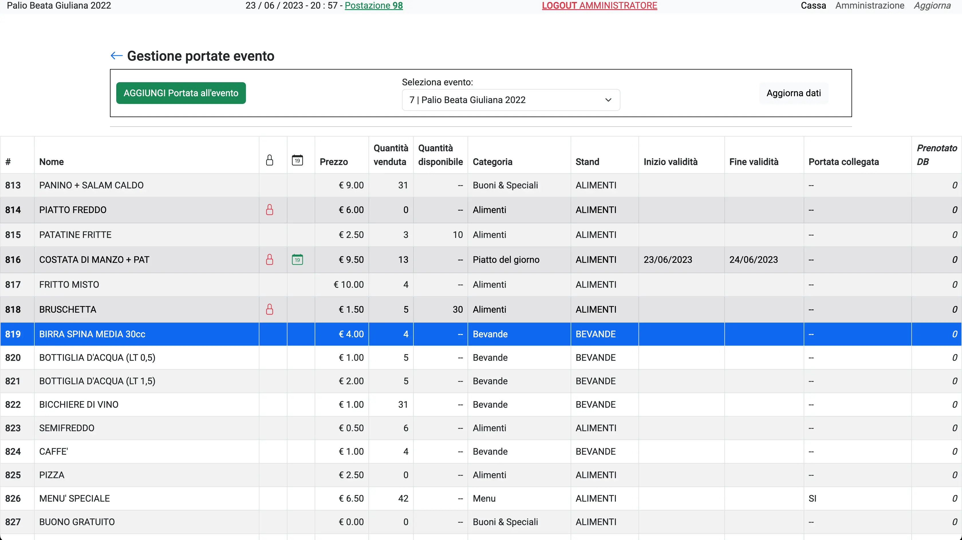 Gestione delle portate disponibili per l'evento