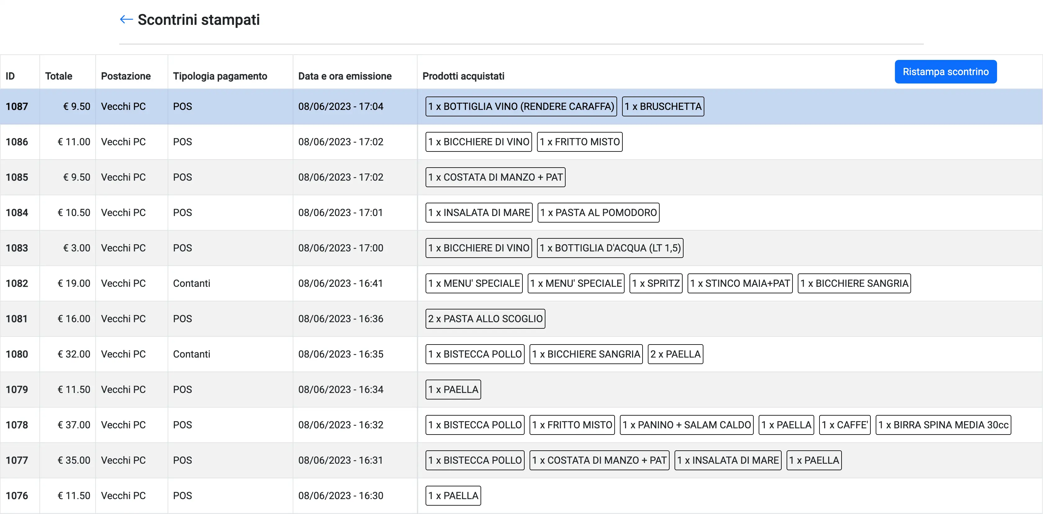 Ristampa di scontrini precedenti